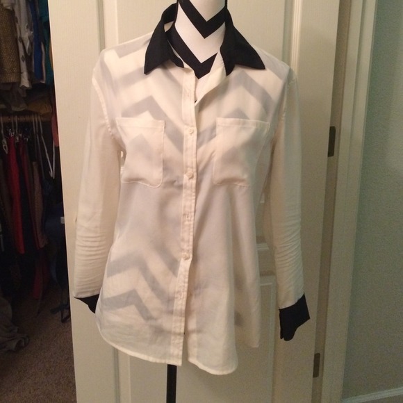 Black and white semi-sheer button -up blouse