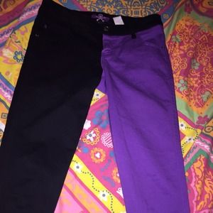 Purple and black skinny jeans