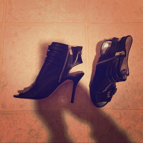 Black leather open toed booties