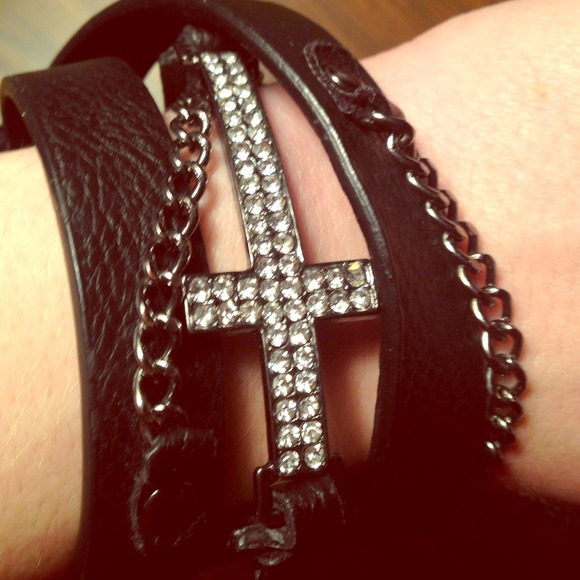 Black wrap bracelet with chains and cross
