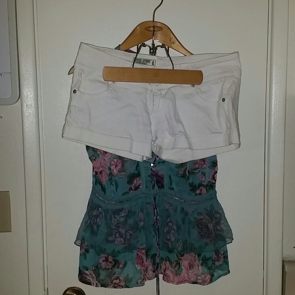 #ON SALE!! GRN FLORAL SHEER BLOUSE/WHITE SHORT