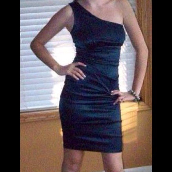 Blue one shoulder satin dress