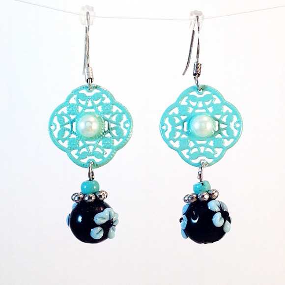 Handmade Turquoise Filigree Earrings with Flowers