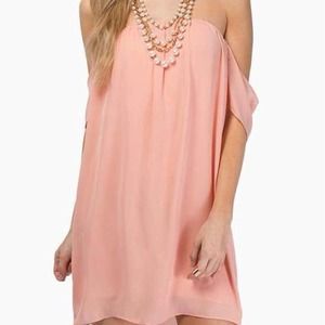 Off the shoulder peach shift dress