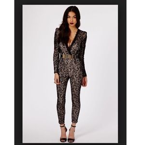 ENANA LACE V NECK BELTED JUMPSUIT