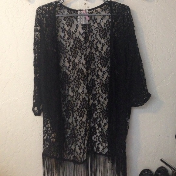 Black lace kimono with fringe bottom