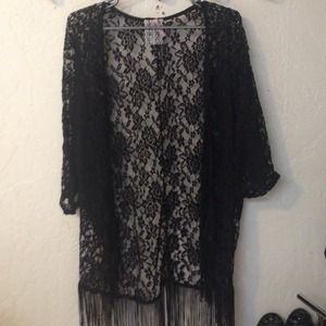 Black lace kimono with fringe bottom