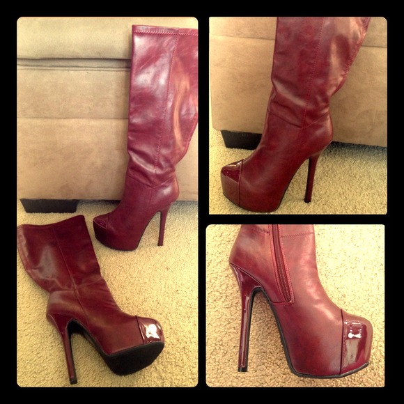 Dark red high heel knee boots