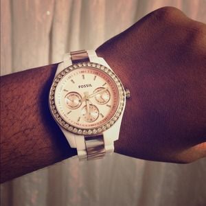 Rose gold and white fossil watch