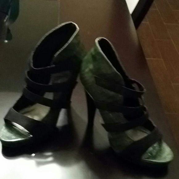 A Dark Olive Green Snake Skinned Bootie/Shoe
