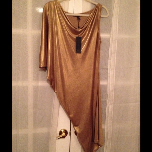 Off the shoulder, gold dress.