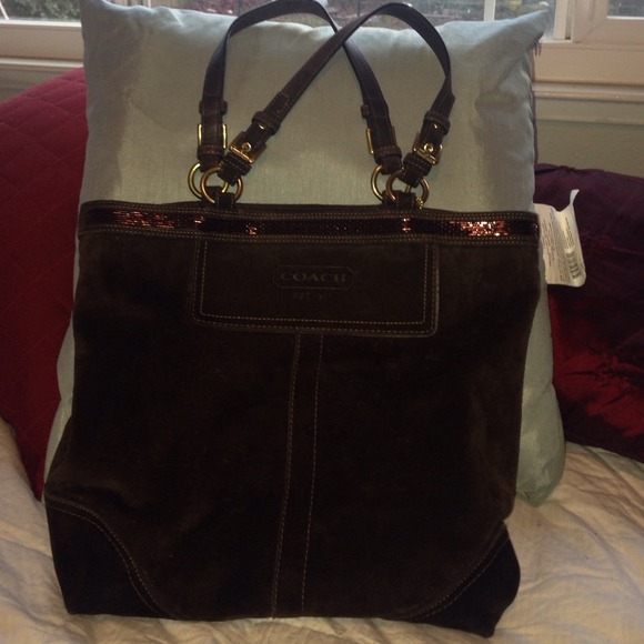 Coach large brown suede tote shoulder shopper bag