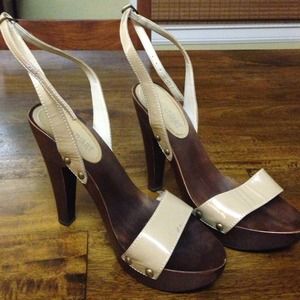 Colin Stuart wood heels. Nude straps