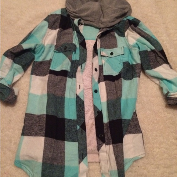 Blue white and grey flannel with hood