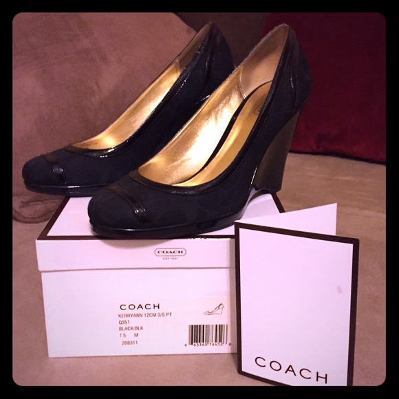 COACH black fabric & patent leather wedges
