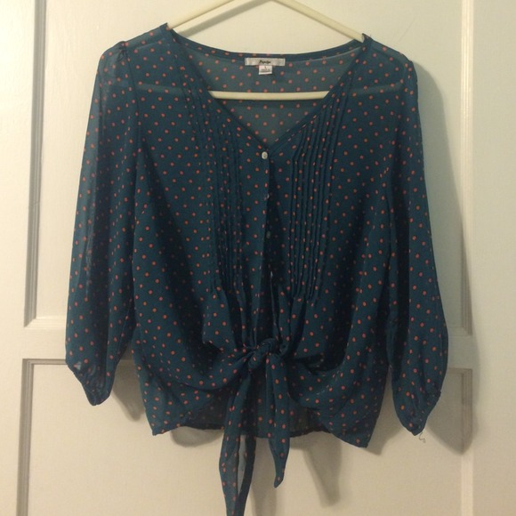 teal-ish green sheer blouse w/orange polkadots