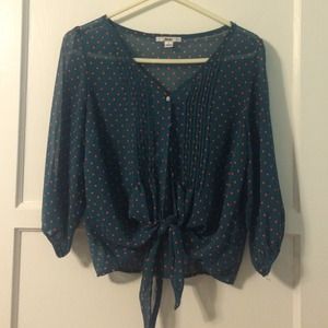 teal-ish green sheer blouse w/orange polkadots