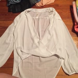 Low cut satin white long sleeve blouse