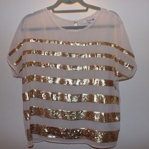 Gold Sequin Striped White Sheer Top