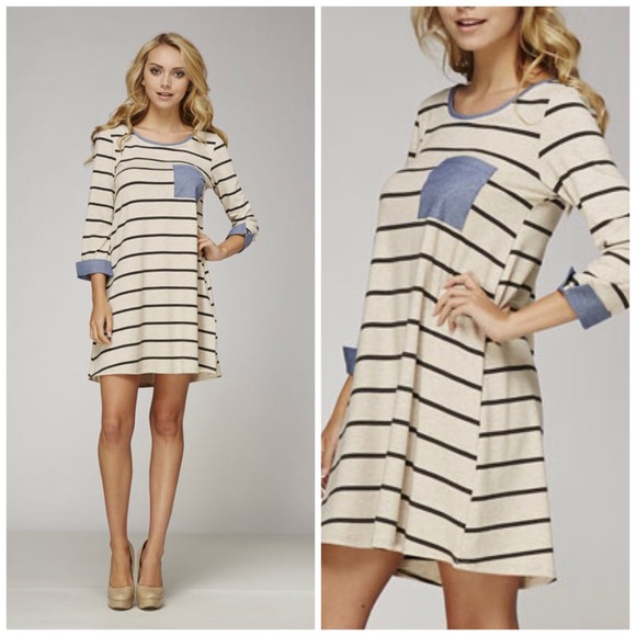 Stripped tunic dress with denim pocket & cuff - Picture 2 of 2