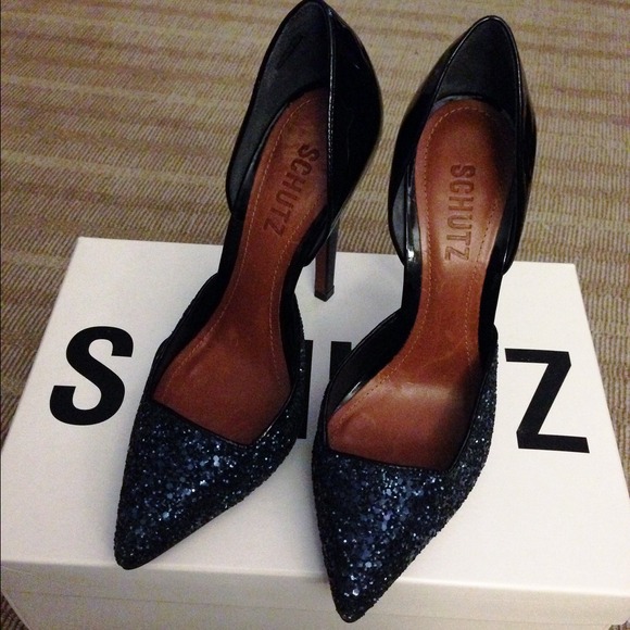 SOLD Schutz blue glitter and black patent heels