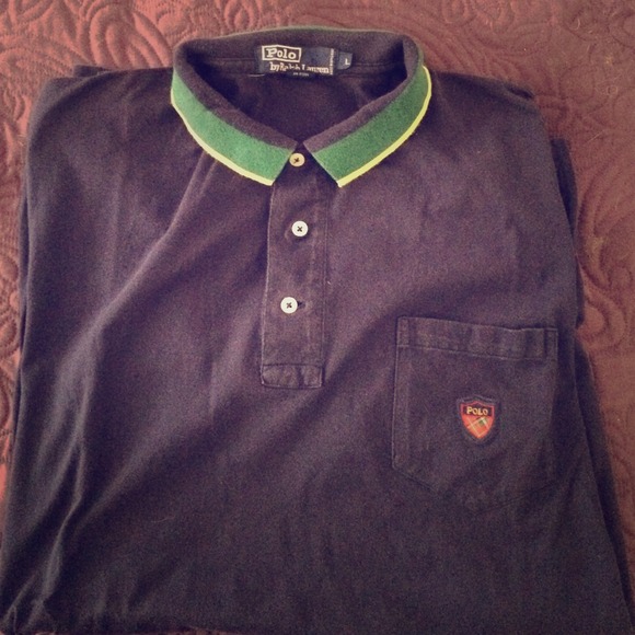 Dark blue polo shirt with green and yellow collar