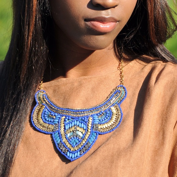 Blue & Gold embroidered bib necklace