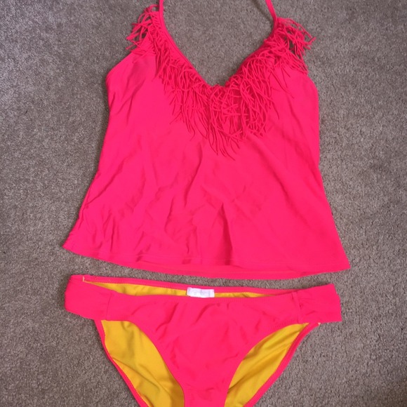Jessica Simpson Hot Pink Fringe Tankini