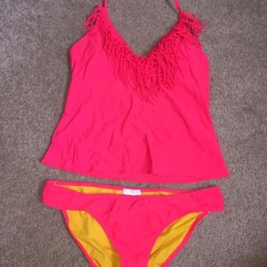 Jessica Simpson Hot Pink Fringe Tankini