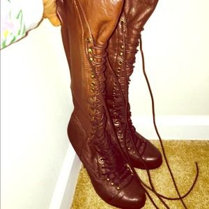Brown Knee High Laced Up Boots
