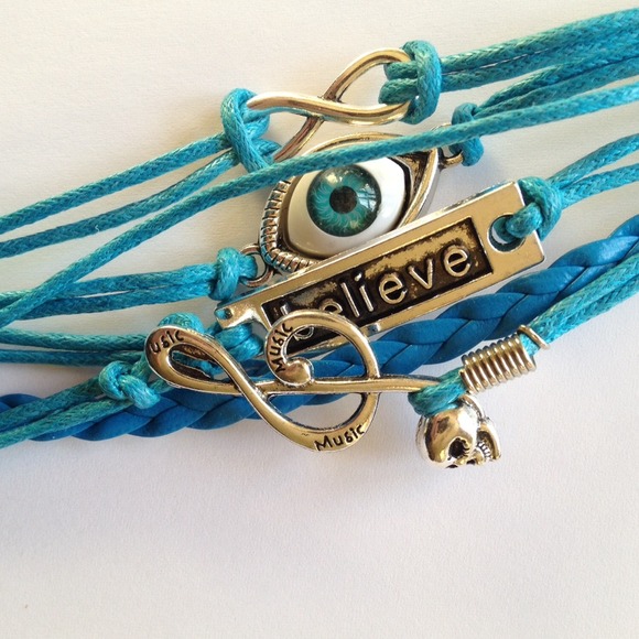 Layered multi bracelet BELIEVE theme charms. Blue & Silver evil eye - Picture 2 of 4