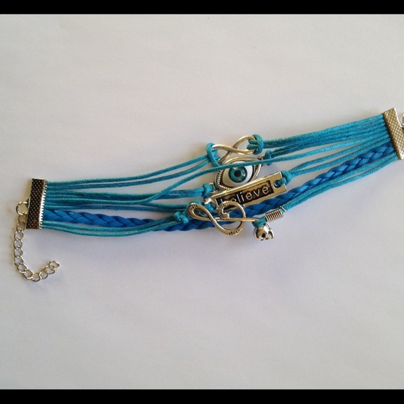 Layered multi bracelet BELIEVE theme charms. Blue & Silver evil eye - Picture 4 of 4