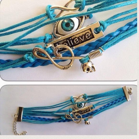 Layered multi bracelet BELIEVE theme charms. Blue & Silver evil eye - Picture 3 of 4