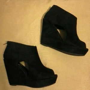 Black Suede Cut-Out Platform Wedges