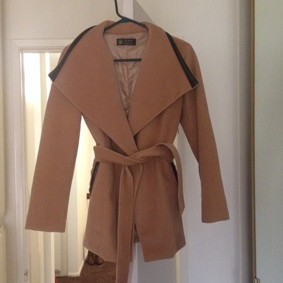 Beige with black leather like lining coat