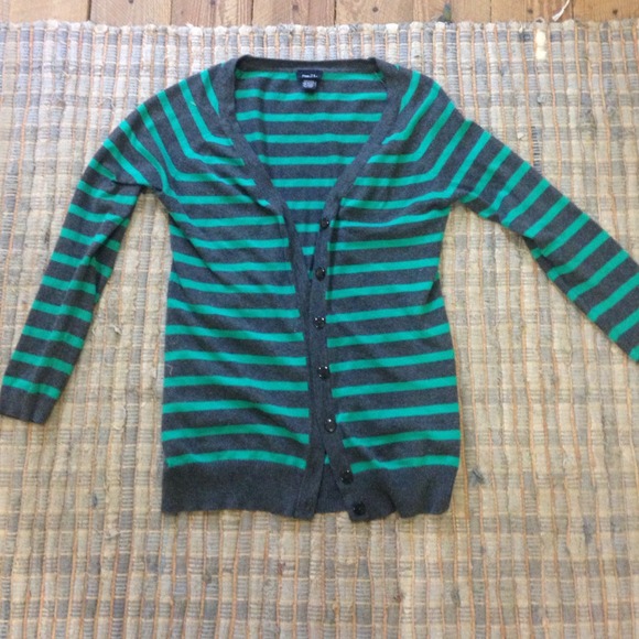 Medium green and grey striped cardigan sweater.