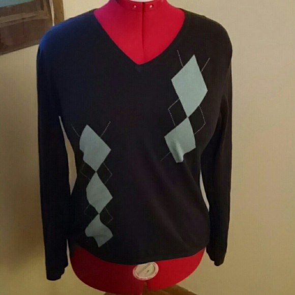 Chocolate brown sweater with light blue argyle