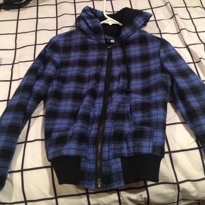 Plaid Zip up Jacket. Blue and Black. Size S