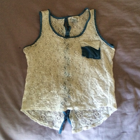 White and denim lace high-low shirt - Picture 1 of 3