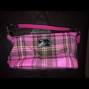 Pink and lime green plaid coach purse