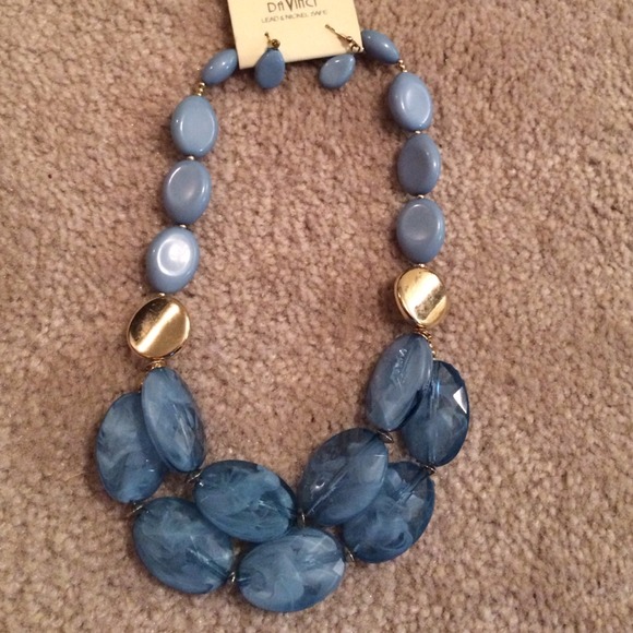 Light blue and gold necklace and earring set