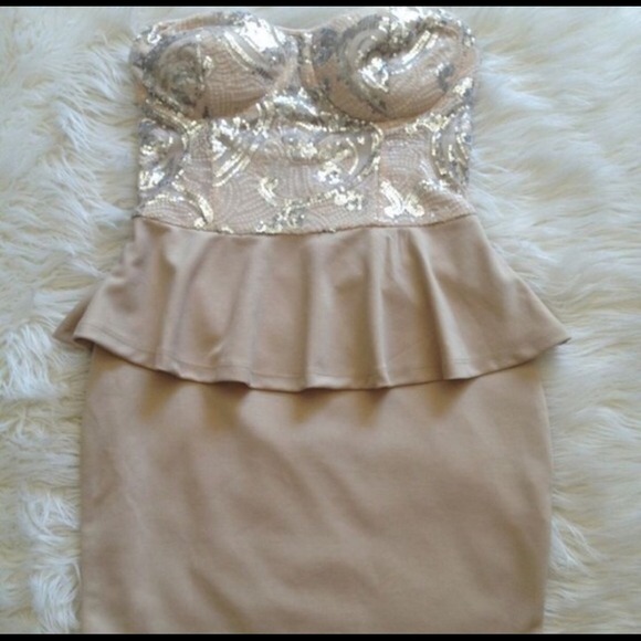 Bebe sequin nude beige peplum dress size medium m