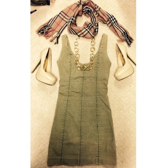 BEBE slightly distressed army green dress