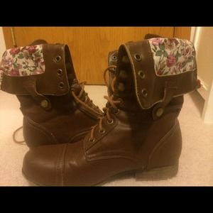 Brown and Floral Combat Boots