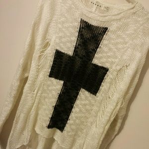 Cream Distressed Knit Cross Sweater