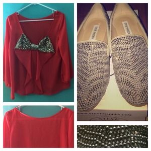 Sequin bow shirt and loafers