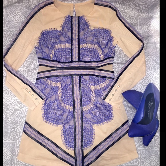 Nude beige short mesh dress blue eyelash lace