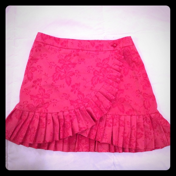 Pink brocade wrap mini skirt with pleated ruffle