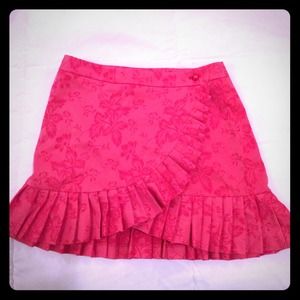 Pink brocade wrap mini skirt with pleated ruffle