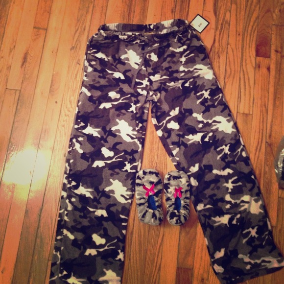 Camouflage pajama pants and slippers
